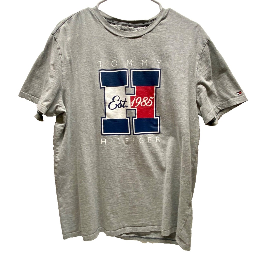 Tommy Hilfiger Jeans Logo T-Shirt Men's Large Gray Cotton Blend Crew 1985 GUC
